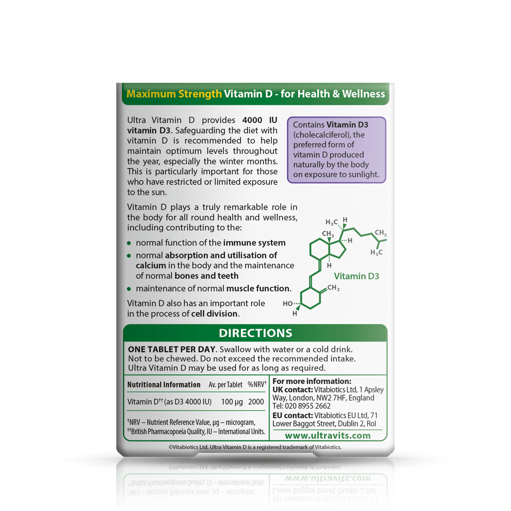 Ultra Vitamin D 4000IU By Vitabiotics Vitamin D Supplements   Ultra Vitamin D 4000 Back CTUTD096T3WL1E 